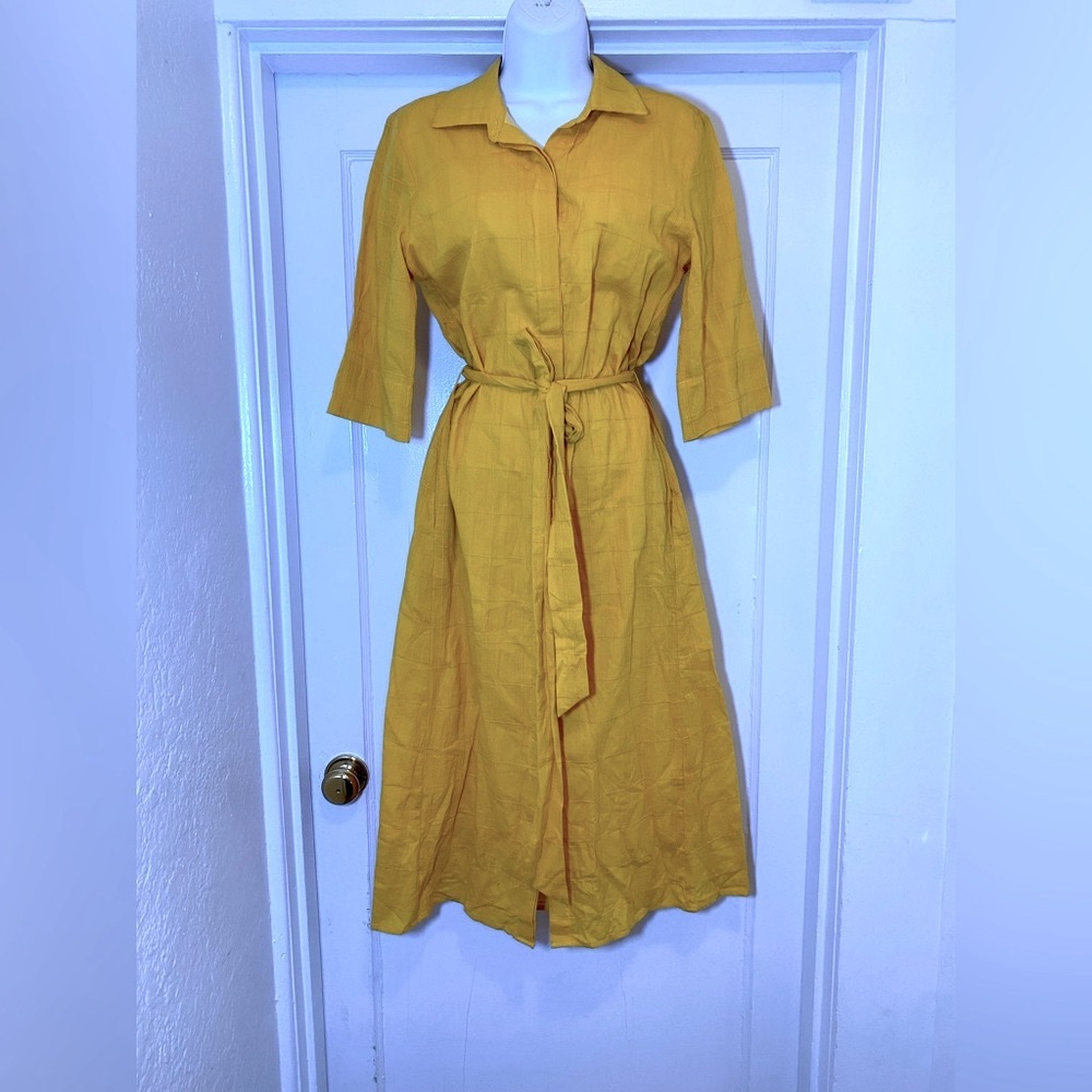 EUC MONTE the Label Yellow Button Down Short Sleeve Belted Midi Shirt Dress